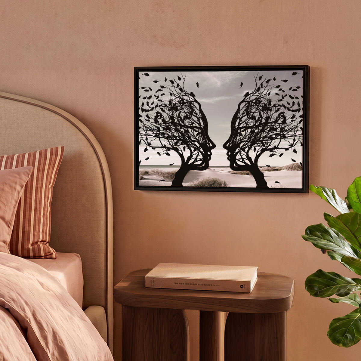 LEINWAND Bilder mit Rahmen - Strand - Meer - Menschen - Baum - Moderne Kunst - 40x30 - Hellgrau, Textil (40/30cm) - MuchoWow