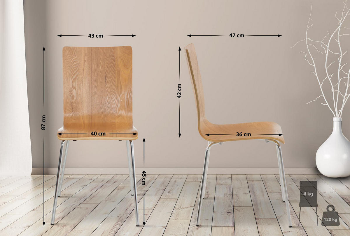 BESUCHERSTUHL Holz eiche - Chromfarben/Eichefarben, Holz/Metall (43/87/47cm) - CLP