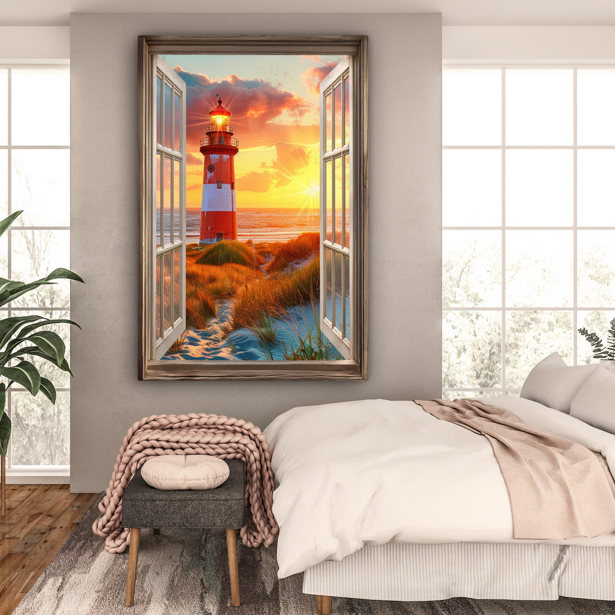 LEINWANDBILD Aussicht - Fenster - Leuchtturm - Sonnenuntergang - Strand 90x140 cm - Dunkelorange, Textil (90/140cm) - MuchoWow