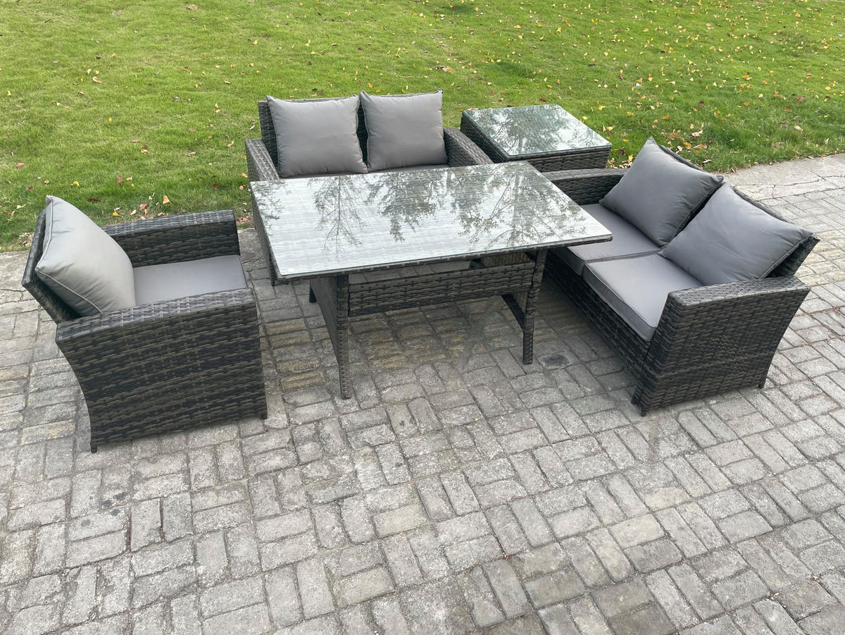 GARTENMÖBELSET mit 2-Sitzer Sofa,3 Hockern,Esstisch,2 Beistelltischen Polyrattan Dunkelgrau 5-Sitzer - Dunkelgrau/Grau, Glas/Kunststoff - Fimous