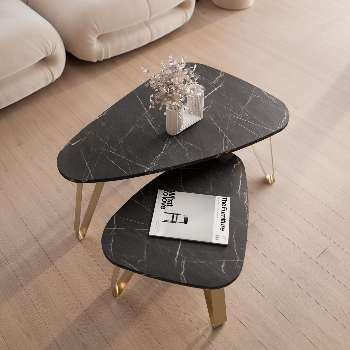 SATZTISCH NOA Stahlgestell, Freiform, Gold / Grigia Pietra - Goldfarben/Grau, Holzwerkstoff (94/60/42cm) - Idohome