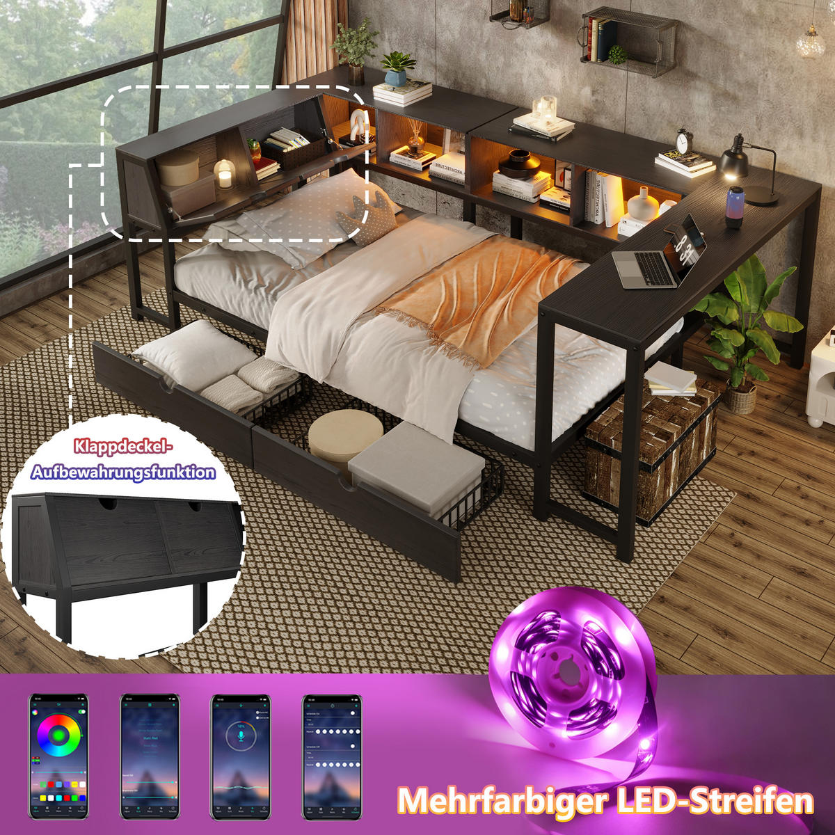 METALLBETT 90x200cm mit Stauraum-Kopfteil, Schwarz - Schwarz, Metall (90/200cm) - KOMHTOM