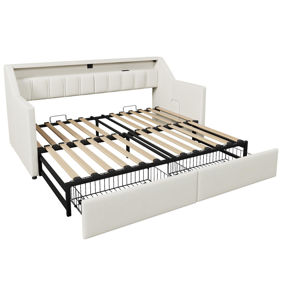 BETT aus Leinen 90x200 cm Beige mit USB, Typ-C, LED-Leiste und Ausziehfunktion - Beige, Textil (90/200cm) - Modfu