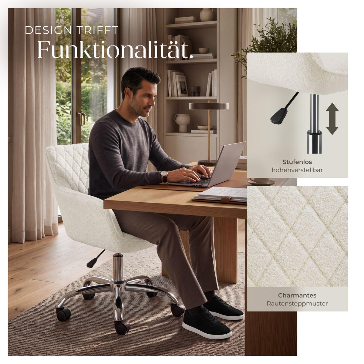 DREHSTUHL Nancy, 57 x 60 x 82 – 91 cm, Belastbarkeit 150 kg, weiß - Weiß, Kunststoff (57/91/60cm) - tectake