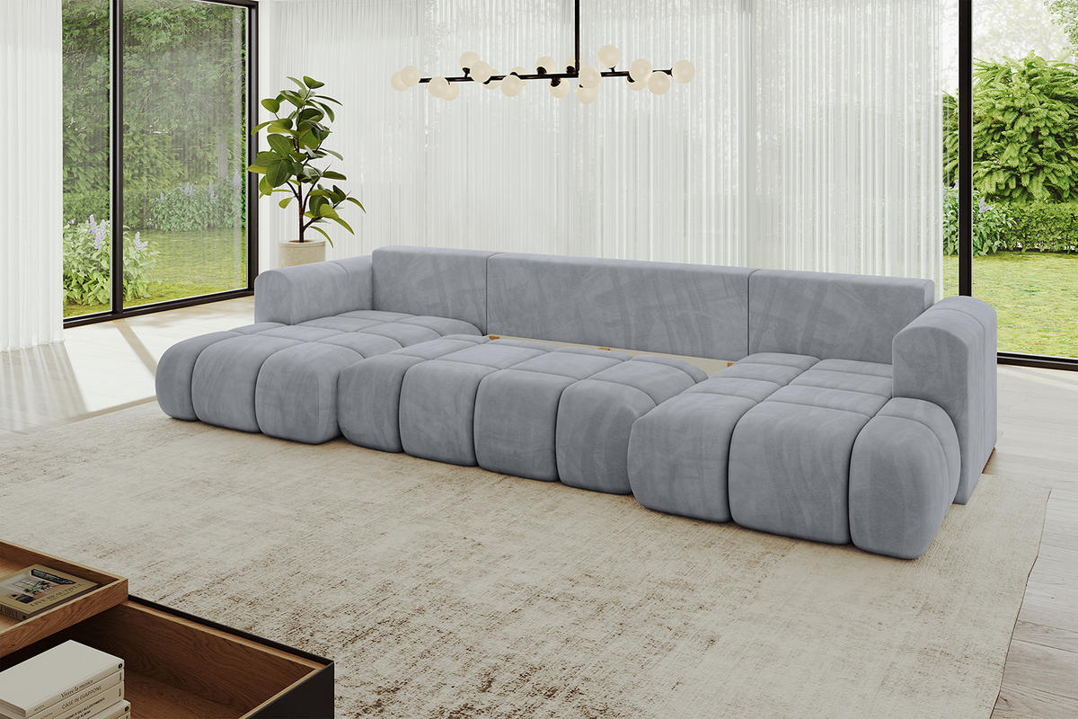 WOHNLANDSCHAFT Ottomane Links CLOUD-U-v1 414x180x40 Hellgrau Velours - Hellgrau, Holzwerkstoff/Kunststoff (414/90/180cm) - ALTDECOR