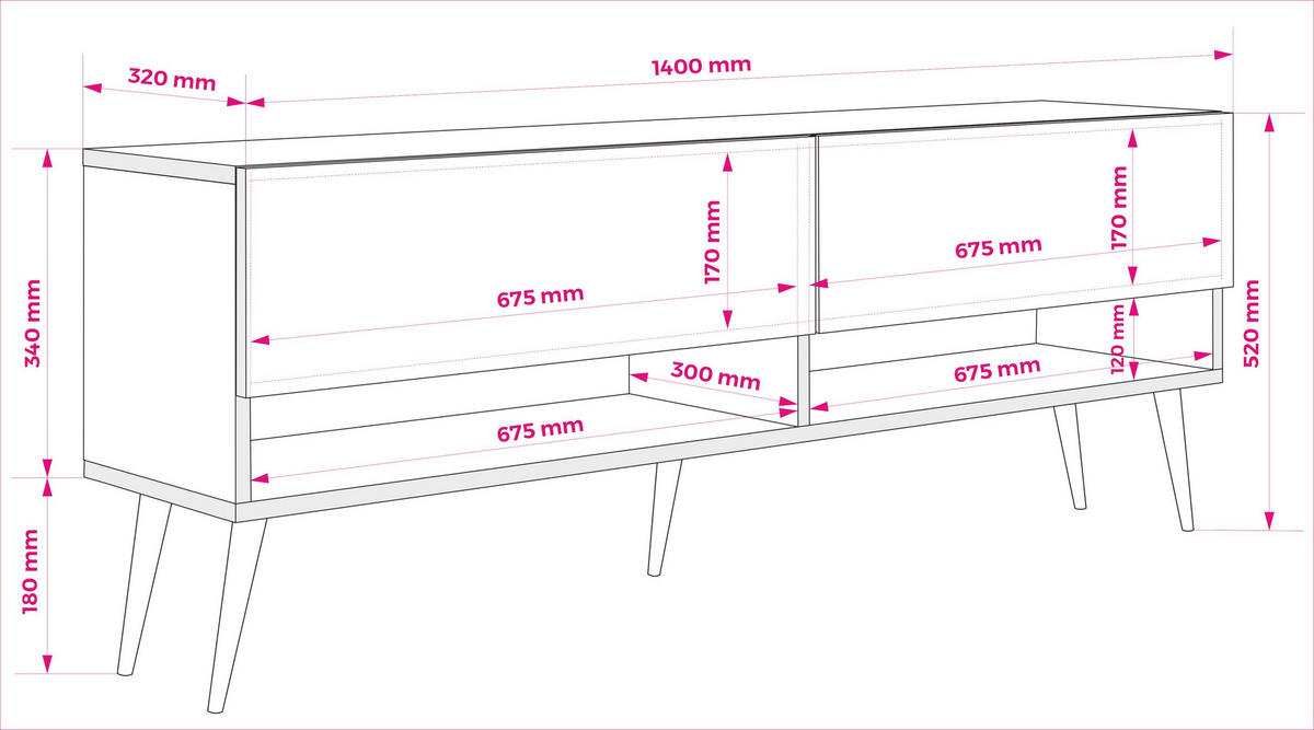 TV-LOWBOARD 140 cm Mattschwarz, schwarze schräge Beine, 140 × 32 × 52 cm - Schwarz, Holzwerkstoff (140/52/32cm) - 3XE LIVING