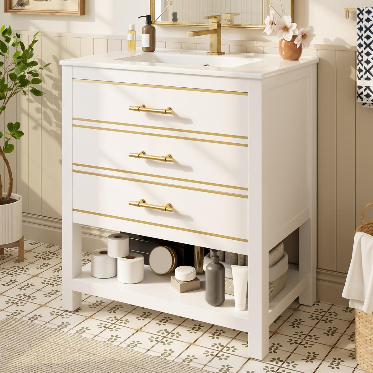 WASCHTISCHUNTERSCHRANK mit Keramikbecken 66x46.5x86cm Weiß-Gold, 2 Schubladen - Weiß, Holzwerkstoff (76/86/46.5cm) - Modfu