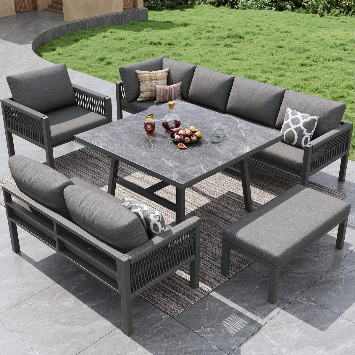 GARTENLOUNGE-SET, Eisen mit Marmorglas-Tisch, modular für 8 Personen, 118/61/80 cm, Grau - Grau, Metall - Redom