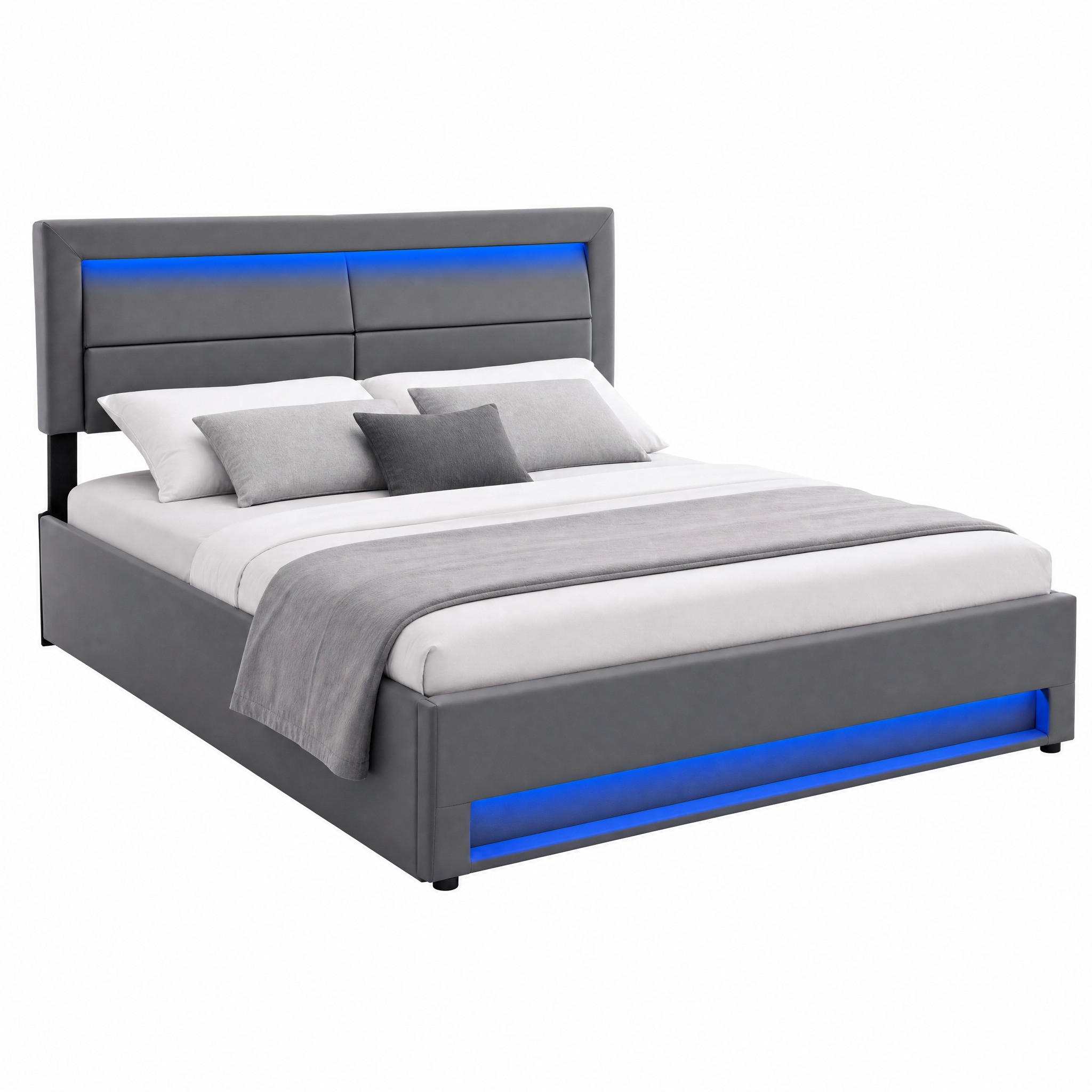 POLSTERBETT mit Stauraum, USB und LED 160x200 cm PU Grau - Grau, Metall (160/200cm) - Meubliv