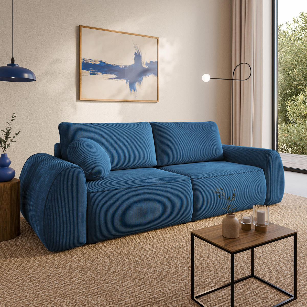 BETTSOFA ZEFEO Blau Kordstoff mit Schlaffunktion - Blau, Textil (264/96/106cm) - MASSENO