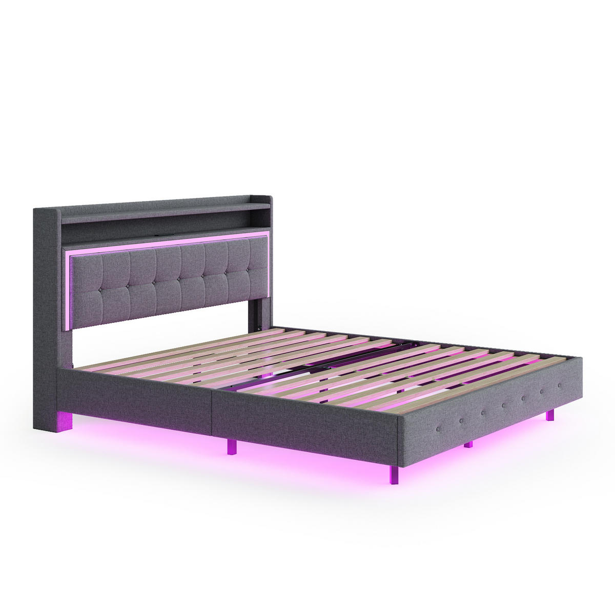 POLSTERBETT 160/200 cm mit USB-Steckdose, LED-Beleuchtung, versteckten Füßen und Leinenbezug, Grau - Grau, Textil (160/200cm) - Redom