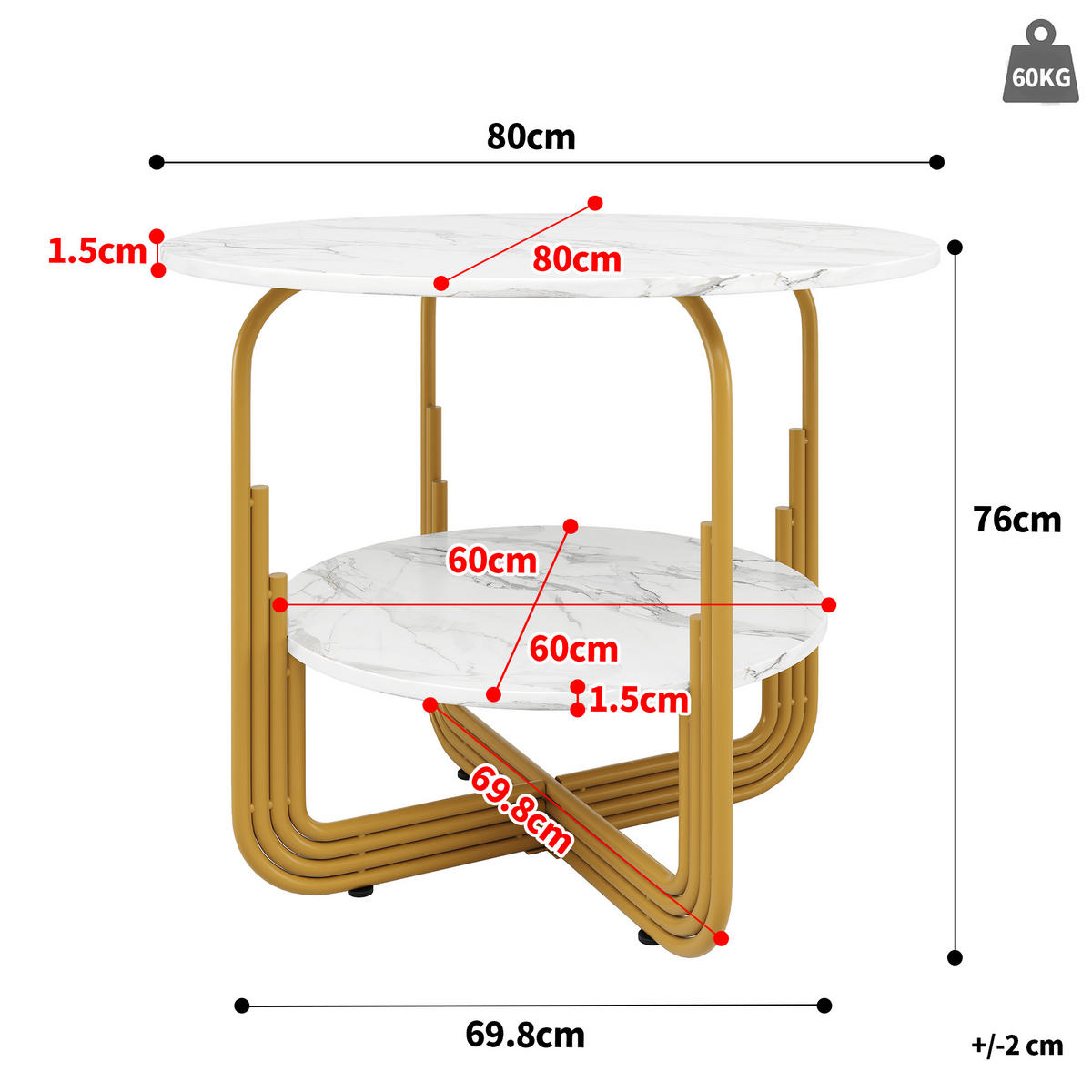 ESSTISCH rund 80/80/76 cm Gold MDF in Marmoroptik mit Ablage - Goldfarben, Holzwerkstoff (80/80/76cm) - OKWISH