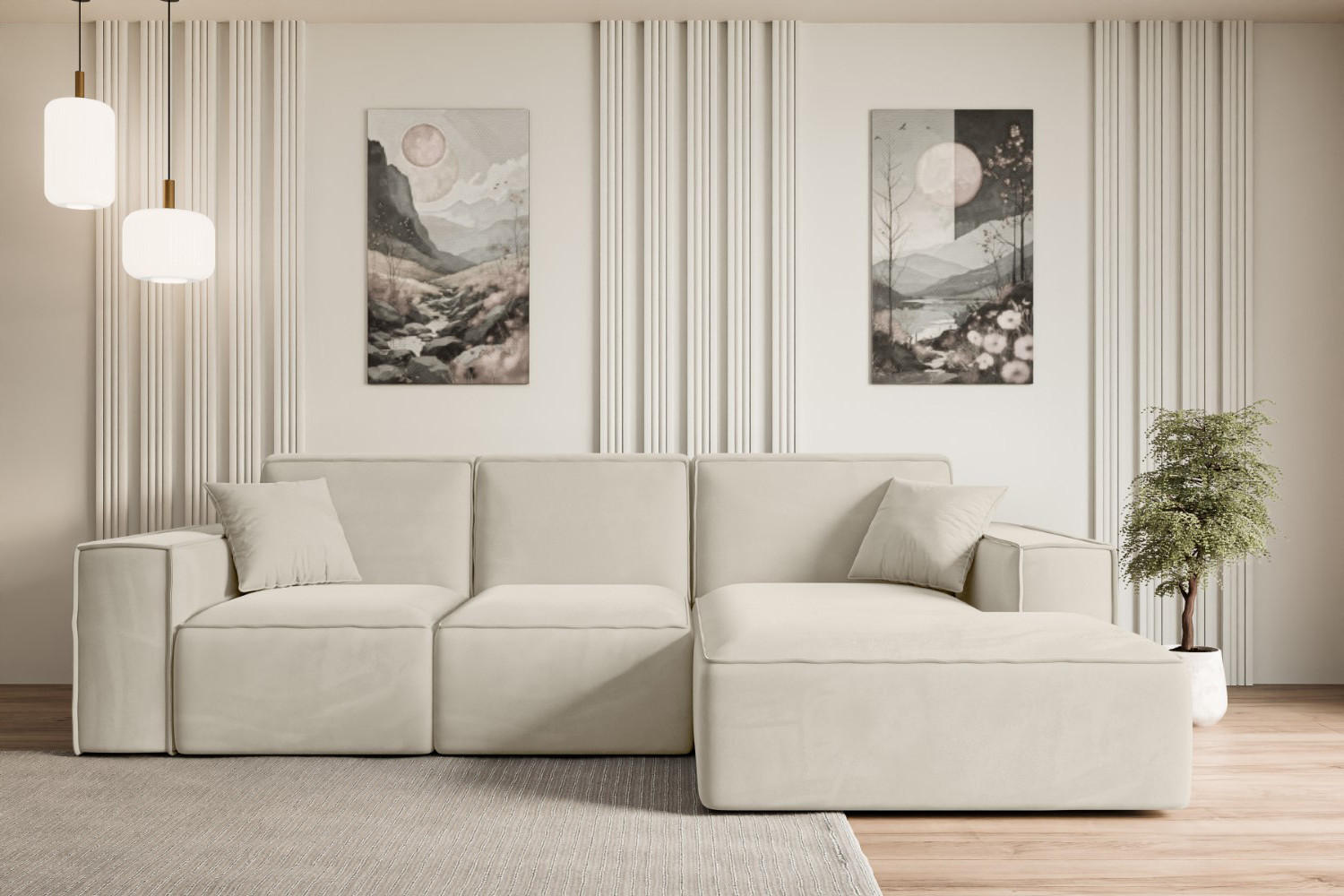 ECKSOFA Ottomane Rechts SERRA-L - 266x165x73 cm Beige Velours - Beige/Schwarz, Holzwerkstoff/Kunststoff (266/165cm) - ALTDECOR