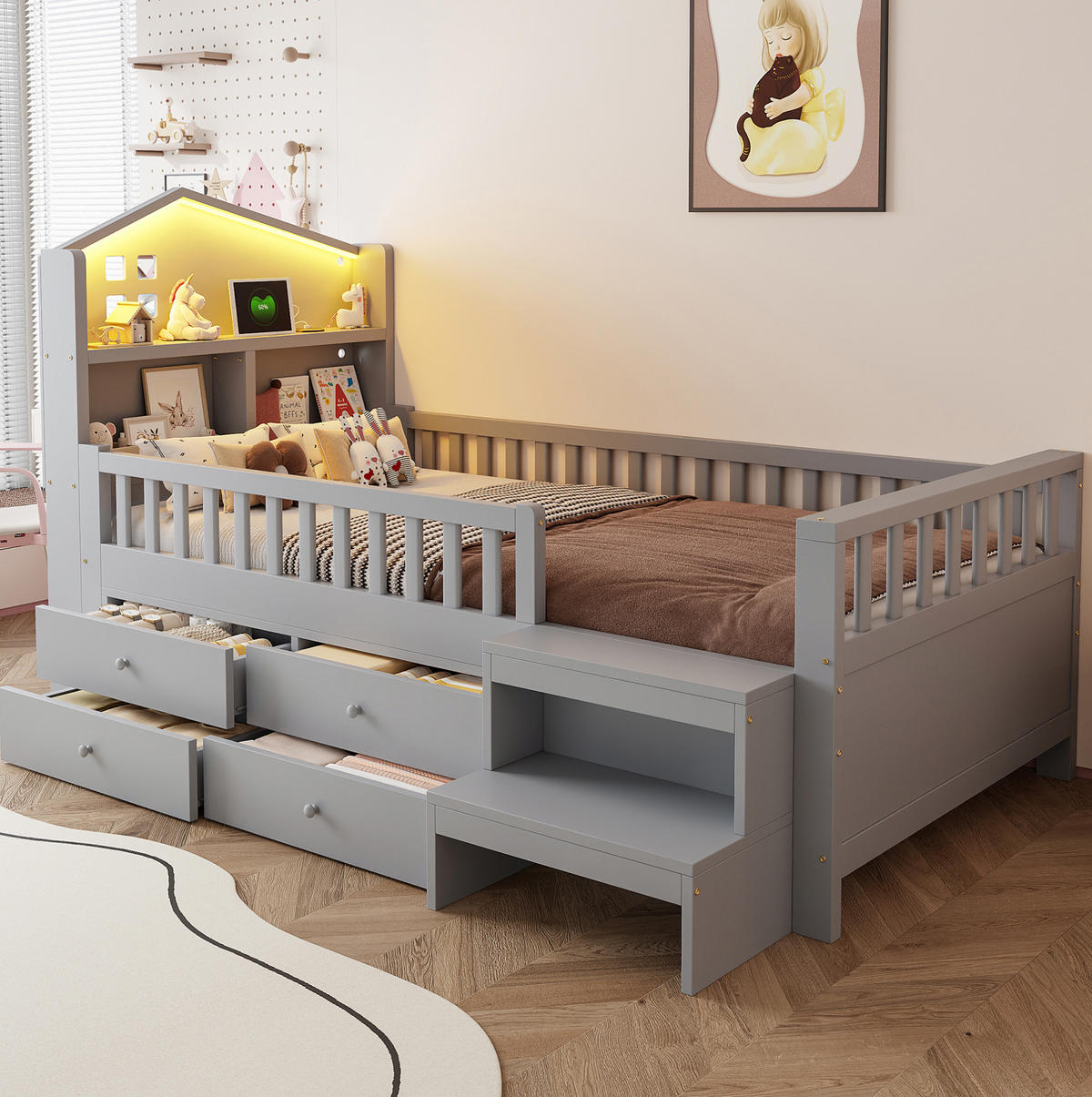 KINDERBETT 90/200 cm mit LED, USB- und USB-C-Anschluss, 4 Schubladen, Treppe und Lattenrost, Grau - Grau, Holzwerkstoff (90/200cm) - Redom
