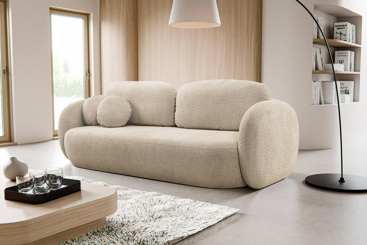 BETTSOFA AMICO Beige Bucle-Stoff mit Schlaffunktion - Beige, Holz (238/86.5/101cm) - MASSENO