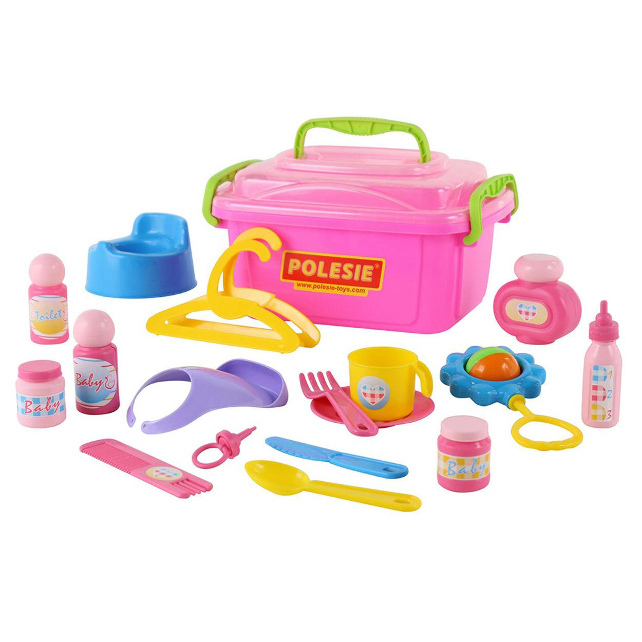 SPIELZEUG Nanny-Set 53473 rosa 19-teilig, Koffer, Rassel, Schnuller, Latz, Töpfchen, Puppenzubehör - Rosa, Kunststoff (15/19/28cm) - Polesie