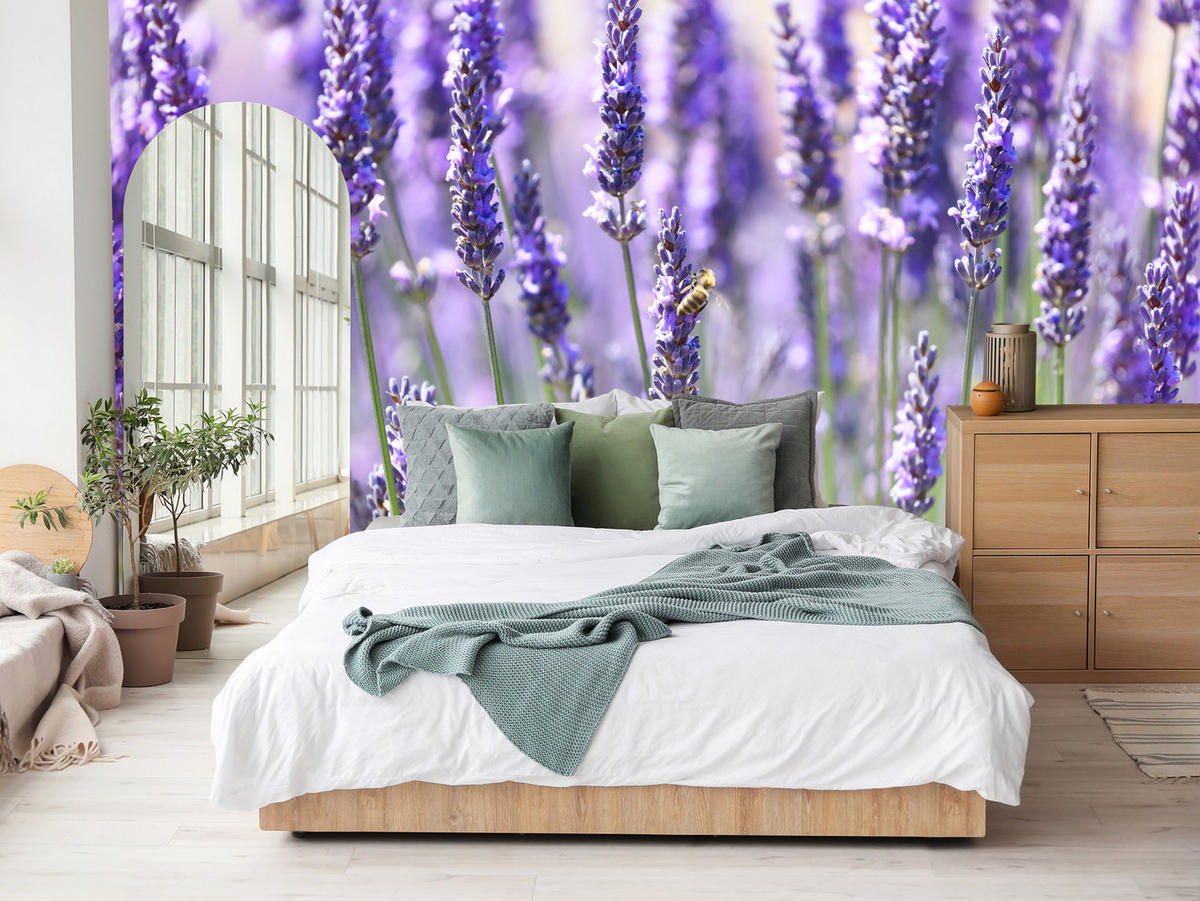 FOTOTAPETE für Küche Lavendelwiese Blumen Kräuter 200x140 - Violett/Grün, Papier (200/140cm) - Muralo