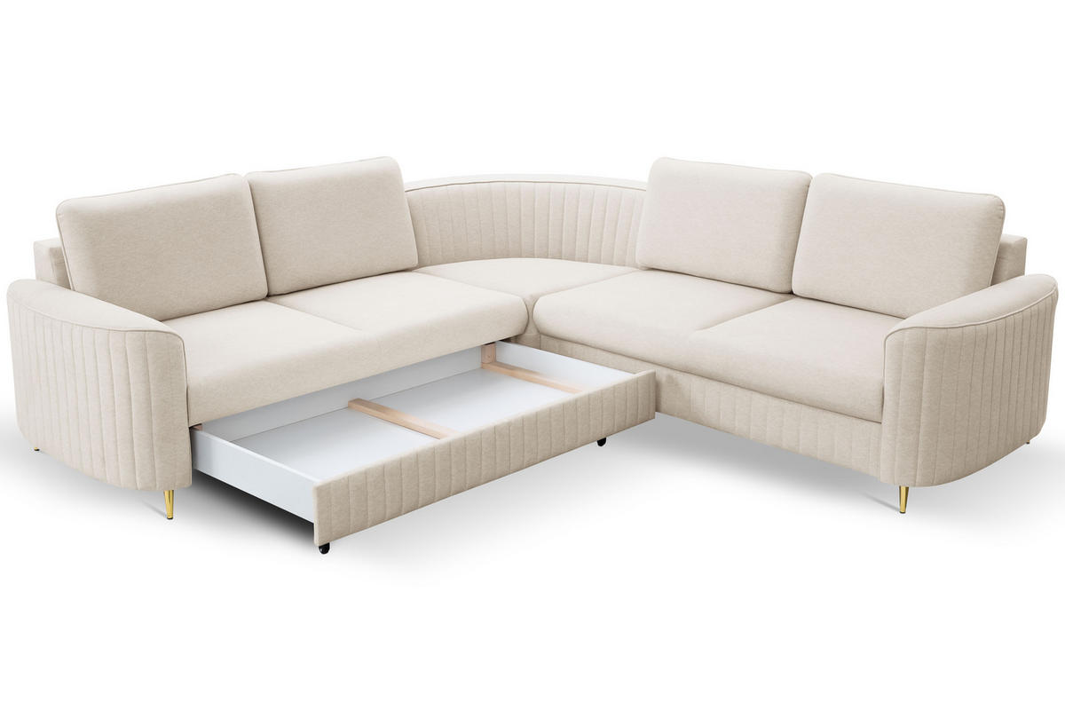 ECKSOFA LAREN, modernes Schlafsofa mit Stauraum, Plastikfüße, L-förmig, lose Rückenkissen freistehend, LINKS 251x252x85 cm Cream - Creme, Holz/Textil (251/252cm) - DomoHome
