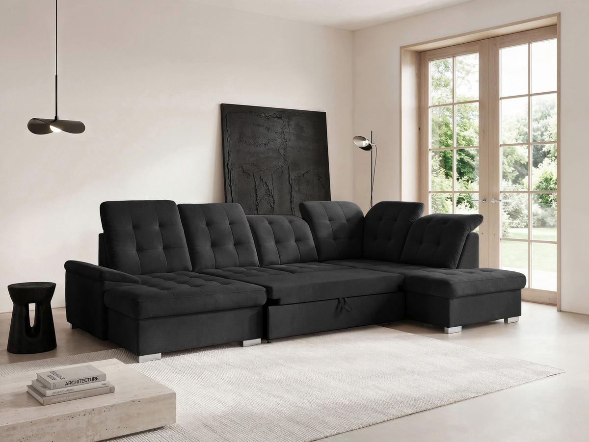 WOHNLANDSCHAFT ANON Ottomane Rechts, mit Schlaffunktion und Bettkasten, Schwarz - Schwarz, Kunststoff/Textil (322/87/220cm) - Idohome