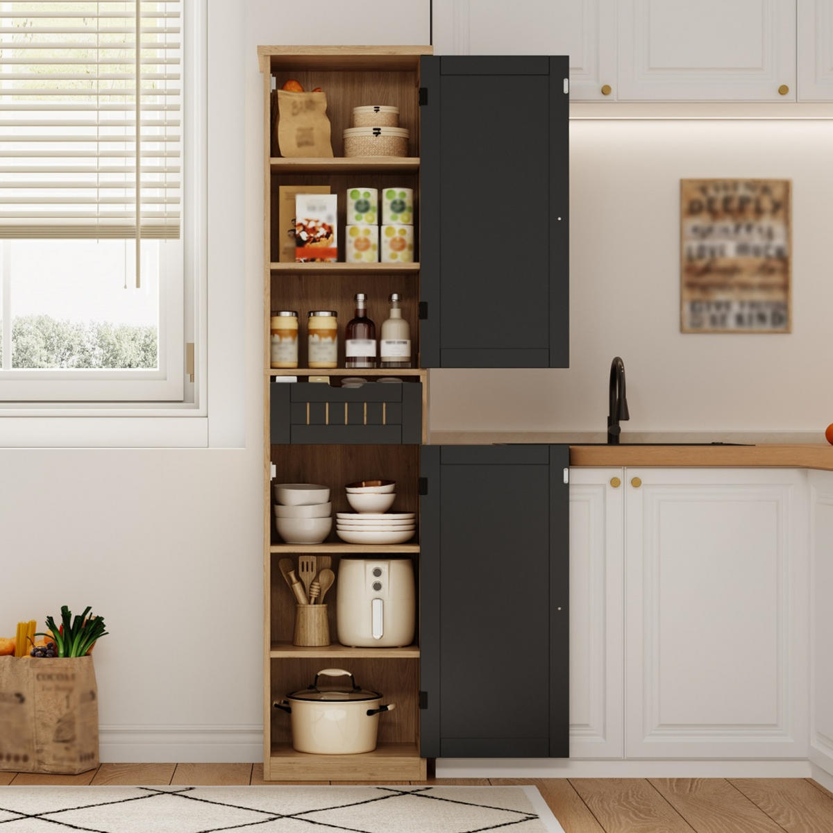 GESCHIRRSCHRANK 170 cm MDF Natur Schwarz mit Türen und verstellbaren Böden - Schwarz, Holzwerkstoff (30/170/40cm) - Korfee