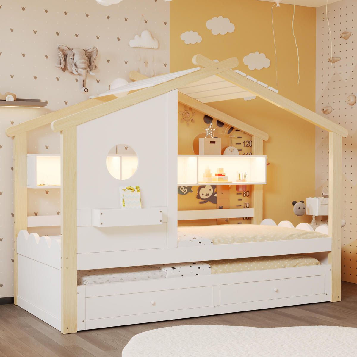 KINDERBETT 90x200 cm Rollbett LED weiß - Weiß, Holz (90/200cm) - LEBENLANG