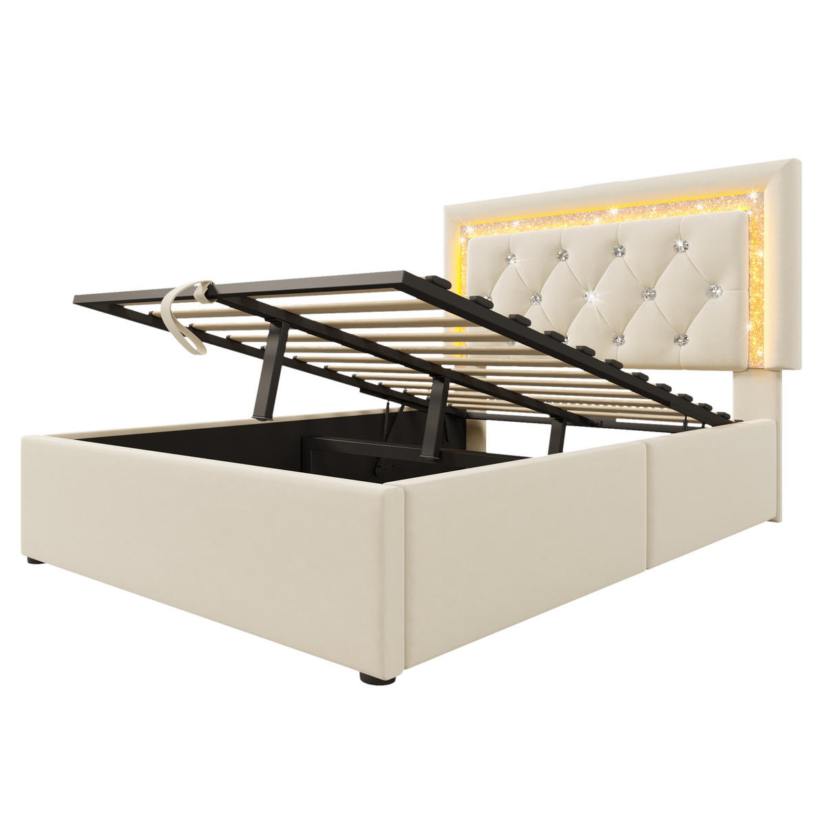 POLSTERBETT 90/200 cm Beige mit LED-Beleuchtung und Bettkasten aus Samt - Beige, Textil (90/200cm) - OKWISH