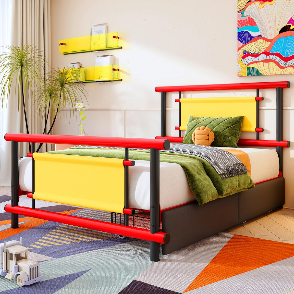 KINDERBETT 90/200 cm in Rot mit Schubladen aus Metall - Rot, Metall (90/200cm) - CHICFURN