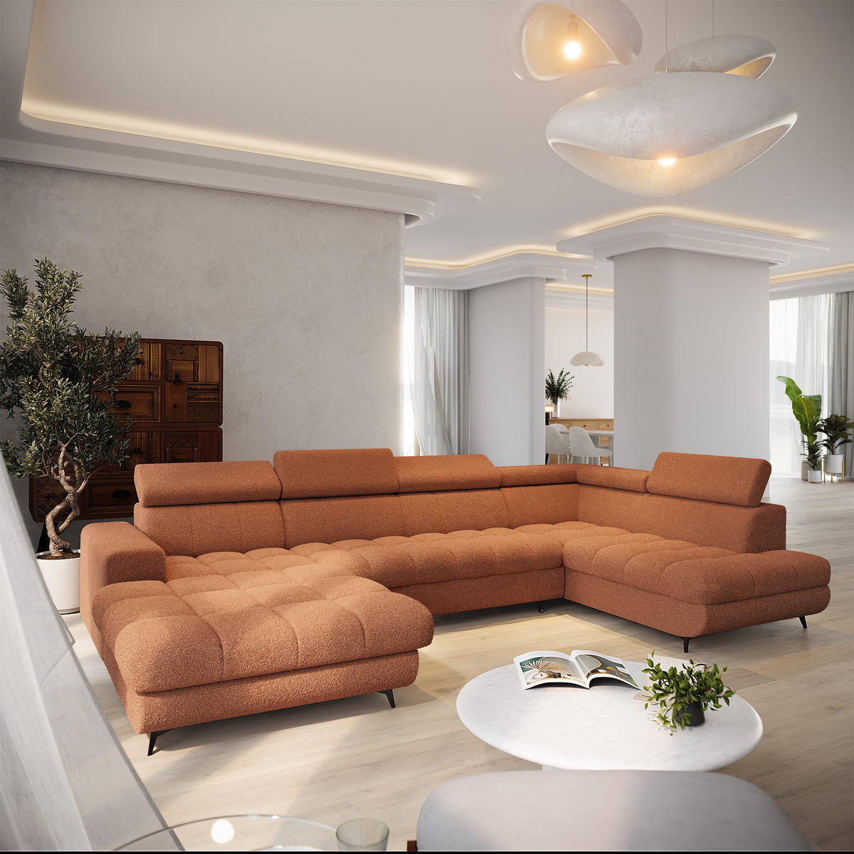 WOHNLANDSCHAFT CORENO Orange Boucle-Stoff mit Schlaffunktion - Terracotta, Holz (345/88/190cm) - MASSENO