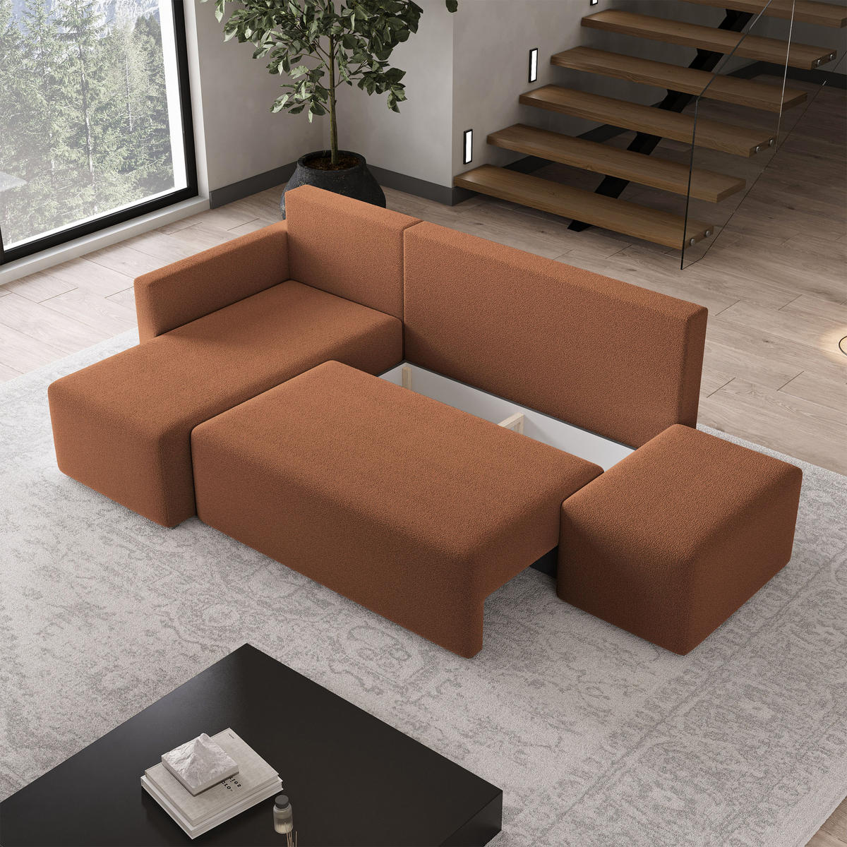 ECKSOFA VELOTTI L-S Kupferfarben Boucle-Stoff mit Schlaffunktion - Kupferfarben, Holz (261/143cm) - MASSENO