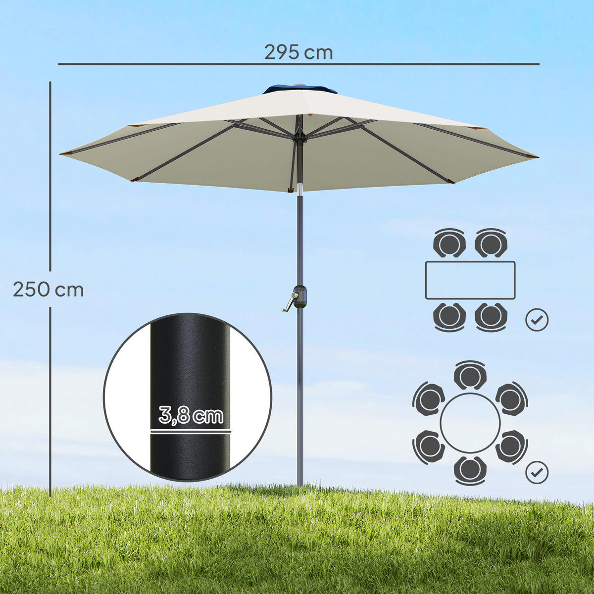SONNENSCHIRM DE-11412 neigbar, mit Kurbel, Ø 3 m Hellgrau - Hellgrau, Metall (296/295cm) - ComfortXL