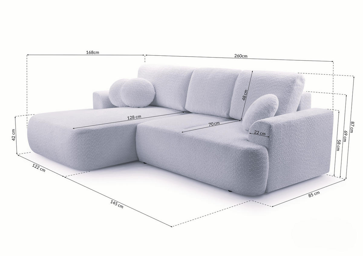 ECKSOFA FILO Weiß Boucle-Stoff mit Schlaffunktion - Weiß, Holz (260/168cm) - MASSENO