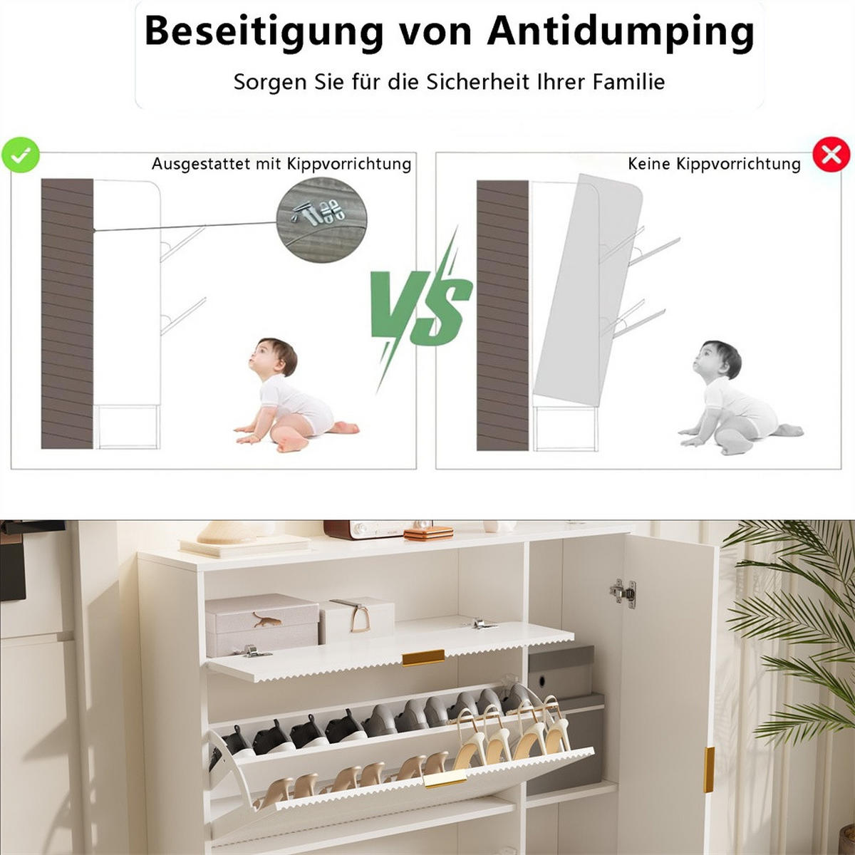 SCHUHSCHRANK im modernen Luxusdesign - Schuhkipper mit 2 Kippfächern und 1 Tür - Weiß und Gold - Weiß, Holzwerkstoff (24/118.5/110cm) - DELFA