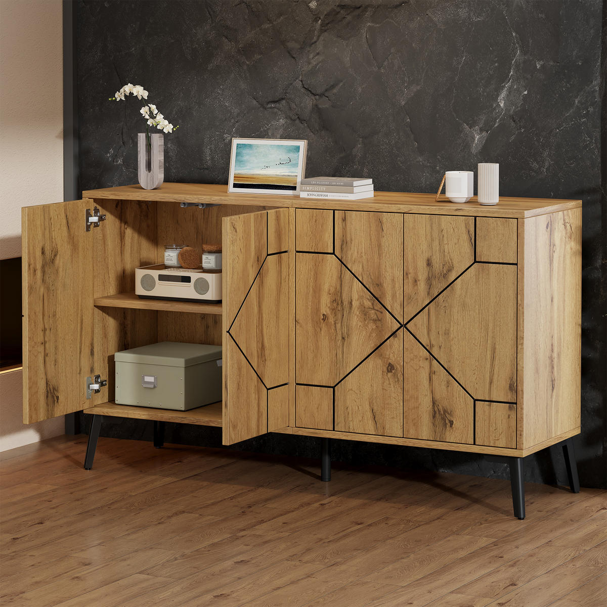 SIDEBOARD DE-37856 mit 4 Türen und Wellenmuster Holzfarbe - Naturfarben, Holzwerkstoff (120/69/35cm) - ComfortXL