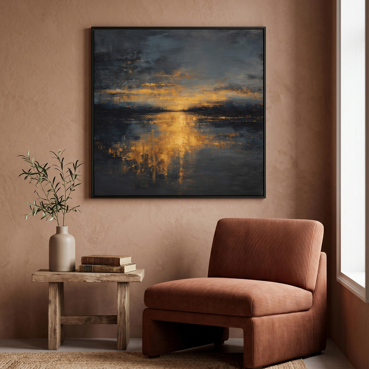 LEINWAND Bilder mit Rahmen - Goldene Reflexion auf dem Wasser - 90x90 - Anthrazit, Textil (90/90cm) - MuchoWow