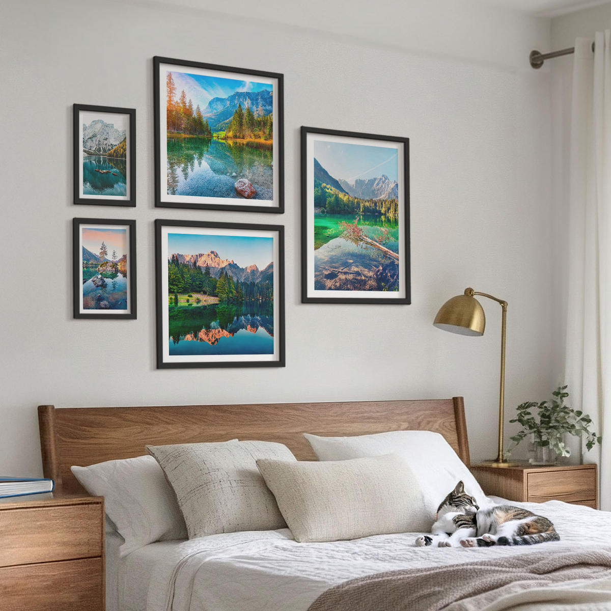 BILDER SET 5er Set - 50x50 cm & 20x30 cm & 40x60 cm Schwarzer Rahmen - Spiegelung des Waldes in Bergseen - Schwarz, Kunststoff (40/60cm) - TULUP