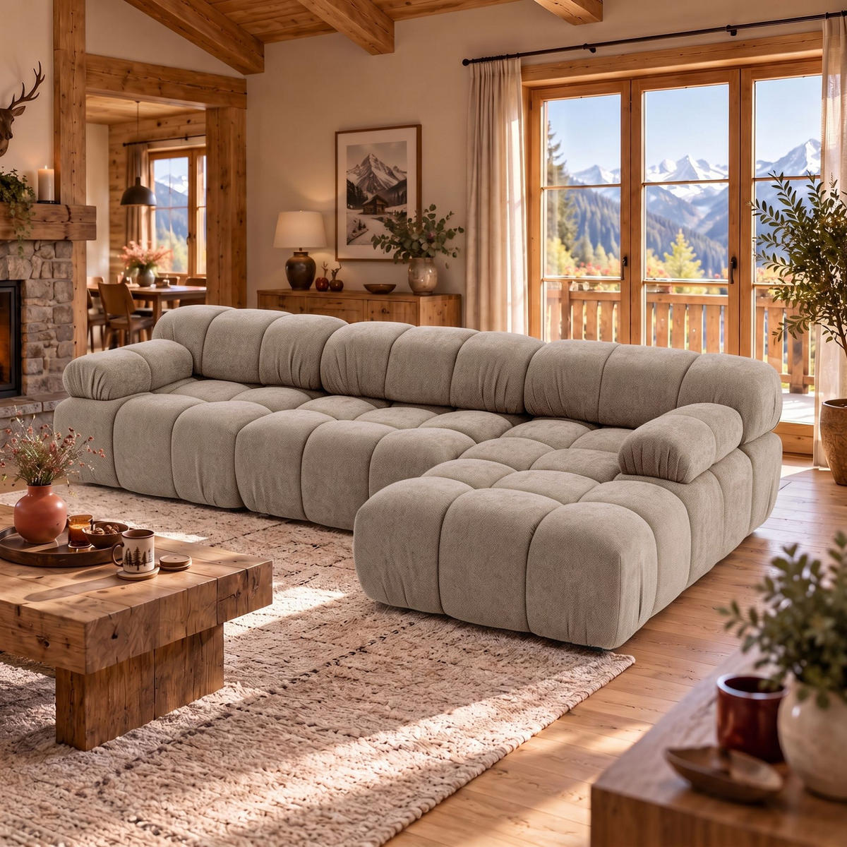 MODULARES Ecksofa MOMENTUM L, Rechts, Breite 282 cm, strukturierter Stoff, Beige - Chromfarben/Beige, Holz/Textil (155/282cm) - Muffo