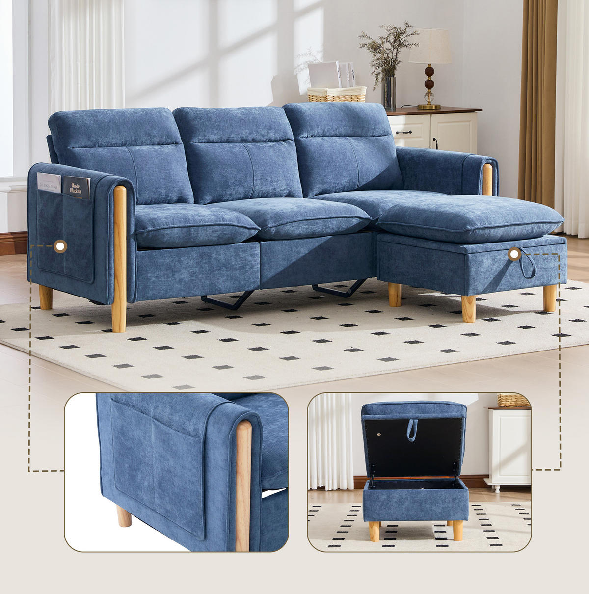 SOFA 201/77/86 cm in Blau aus Chenille mit Stauraumhocker - Blau, Textil (77/86/201cm) - Flora Grace