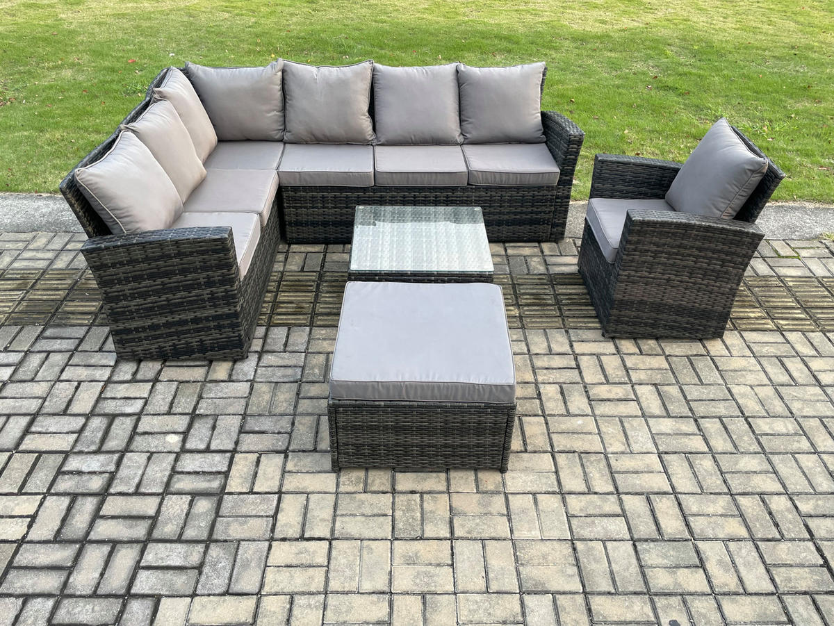 BALKONMÖBEL-SETS mit Ecksofa,Quadratischer Couchtisch,Hocker,Stuhl Polyrattan Dunkelgrau 8-Sitzer - Dunkelgrau/Grau, Glas/Kunststoff - Fimous
