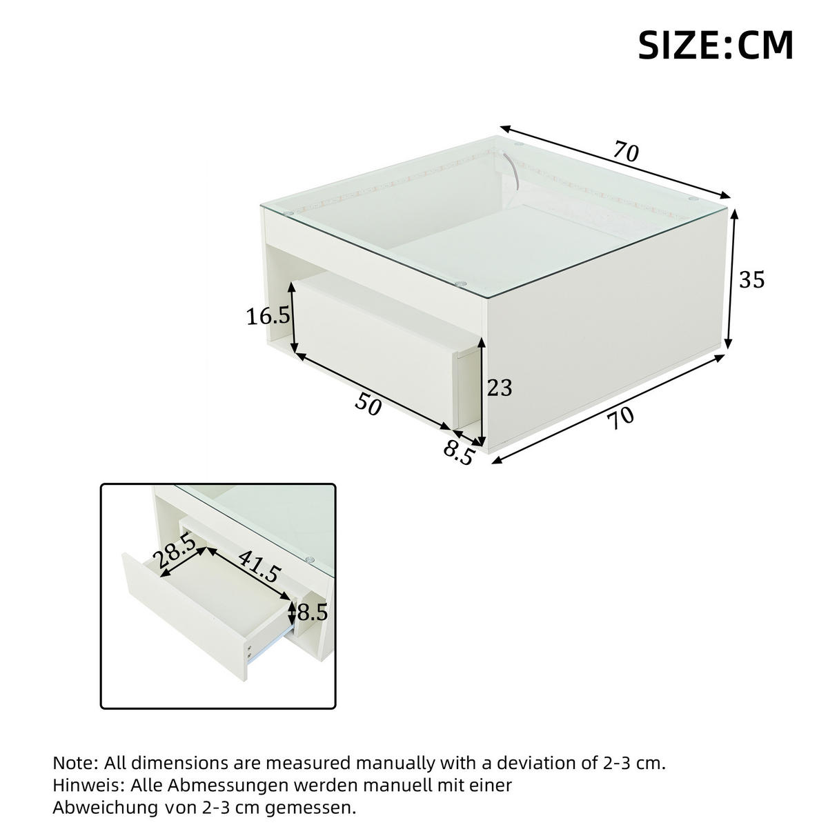 KLUBSKI stolić 70/70/35 cm bijeli od MDF-a i kaljenog stakla s LED rasvjetom i 2 ladice - bijela, drvni materijal (70/70/35cm) - OKWISH