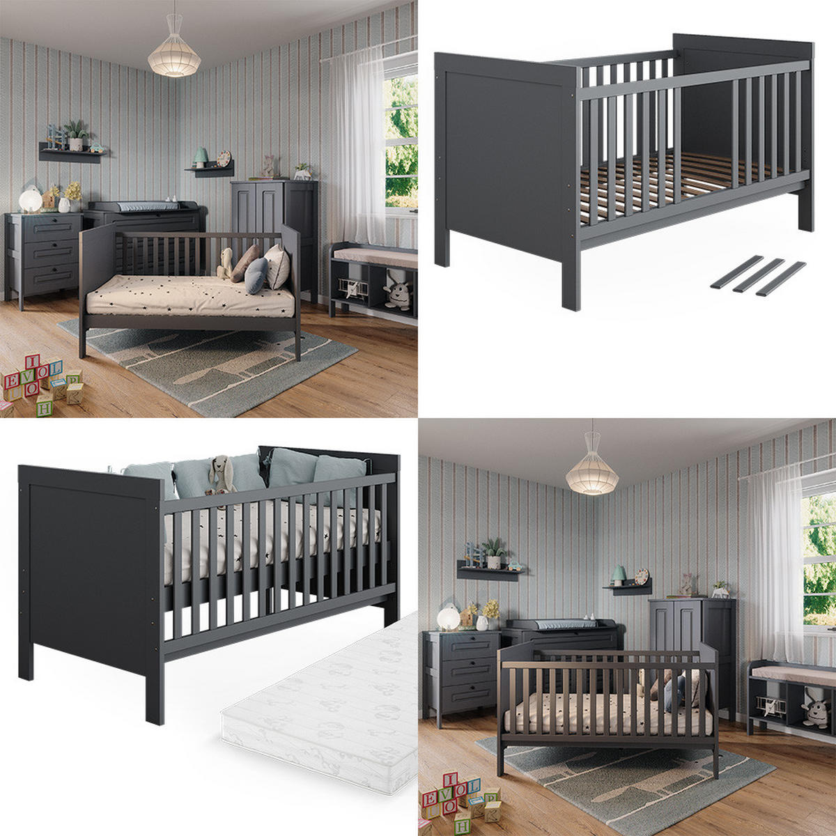 BABYBETT Ajaton Grau 144.4 x 83 cm mit Matratze - Grau, Holzwerkstoff (144.4/83/80.8cm) - VitaliSpa