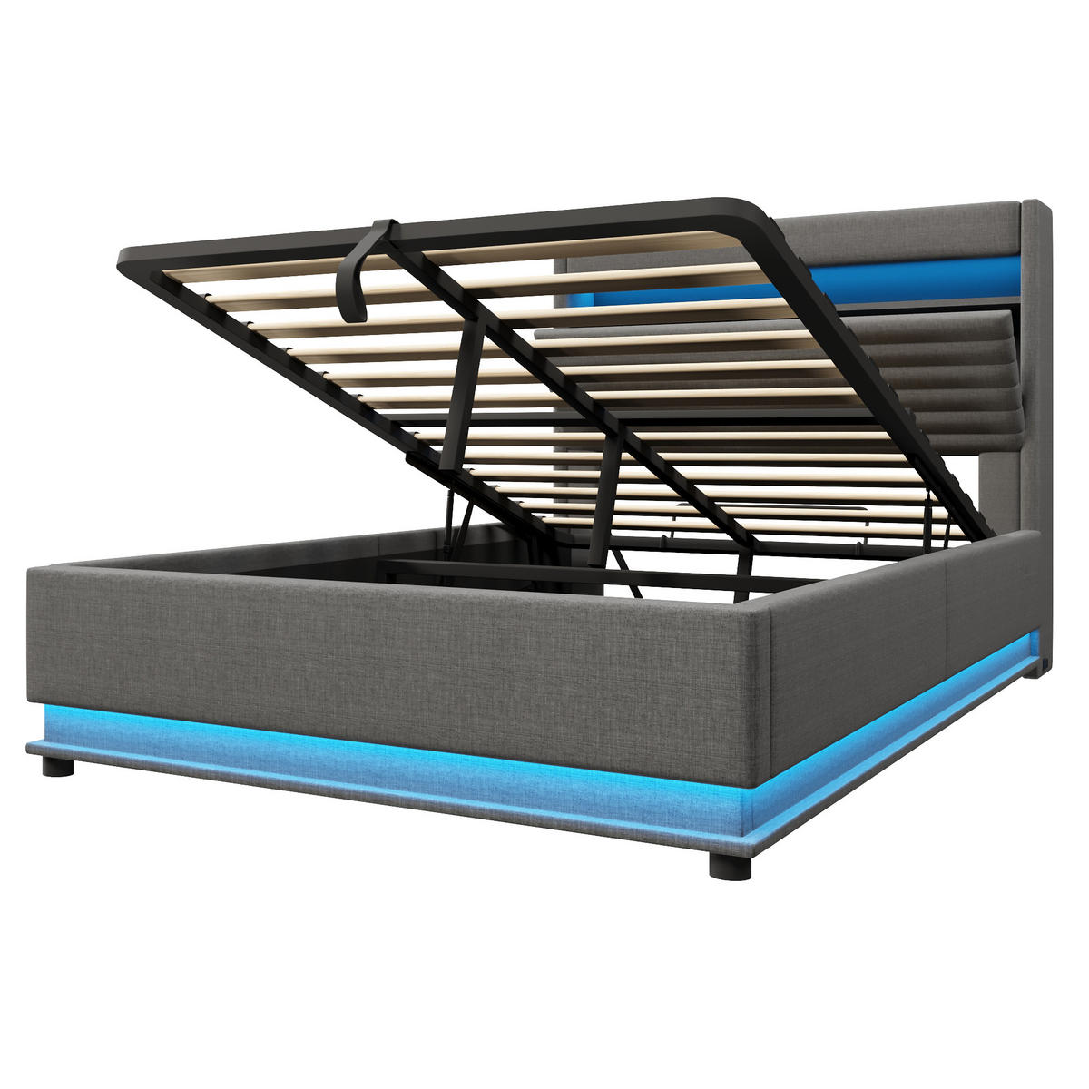 POLSTERBETT 140/200 cm Grau mit USB-Typ-C-Anschluss, LED-Beleuchtung und Ablagefach - Grau, Textil (140/200cm) - Oxeza