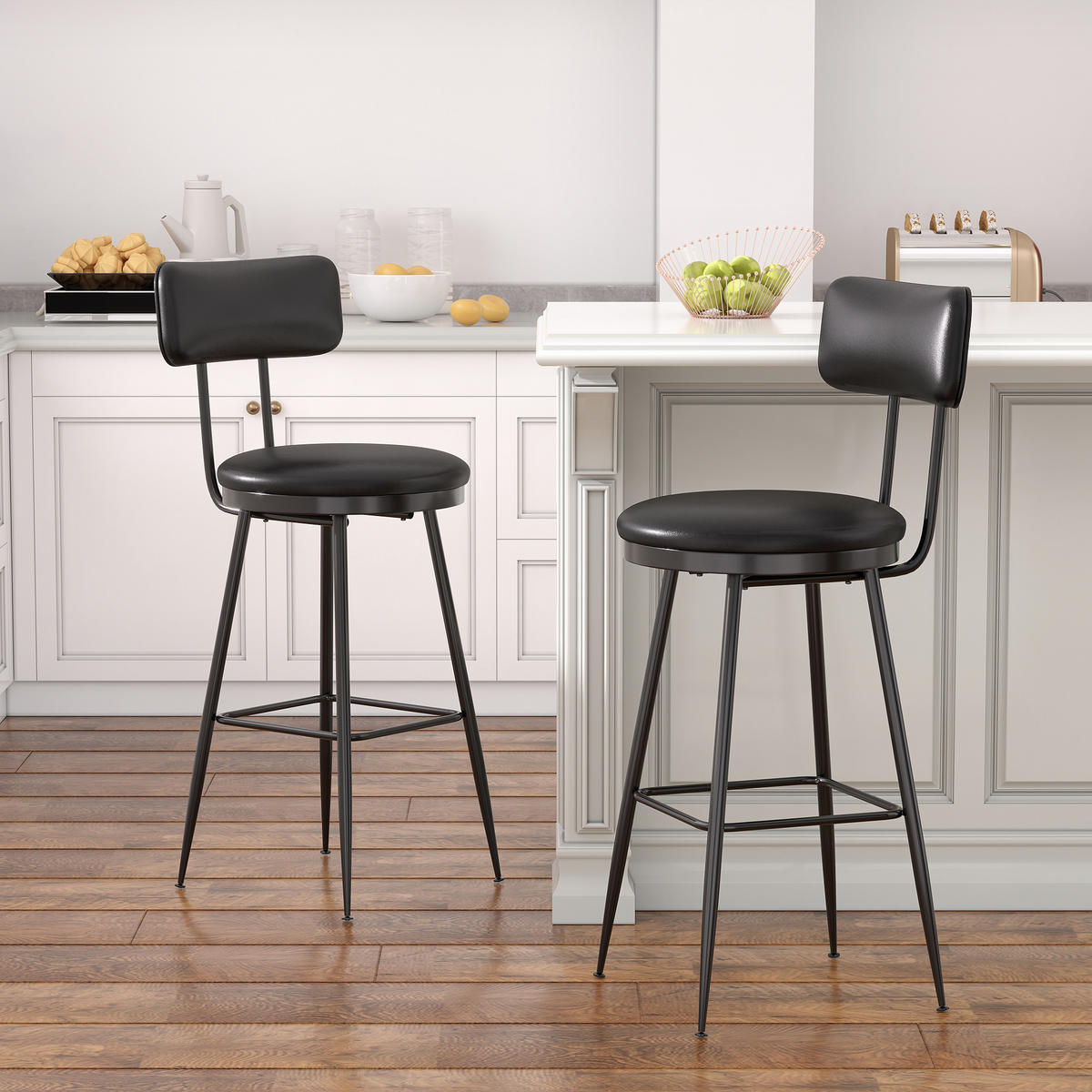 BARHOCKER 2er Set Metallgestell Kunstleder Rückenlehne Fußstütze 65 cm schwarz - Schwarz, Holz (38/85.5/38cm) - Fortuna Lai