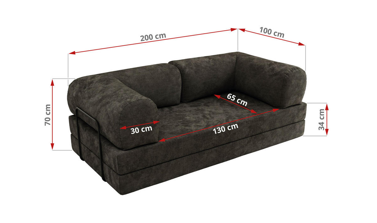 TROJMIESTNA POHOVKA ORSETTO - Tmavosivá Hladká ženilka - čierna/tmavosivá, kov/textil (200/70/100cm) - MKS