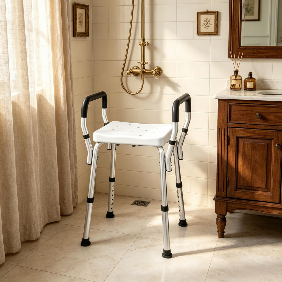 DUSCHSTUHL 6-fach höhenverstellbar, DE-42181, Silber/Weiß - Weiß, Kunststoff/Metall (45/69/52cm) - ComfortXL