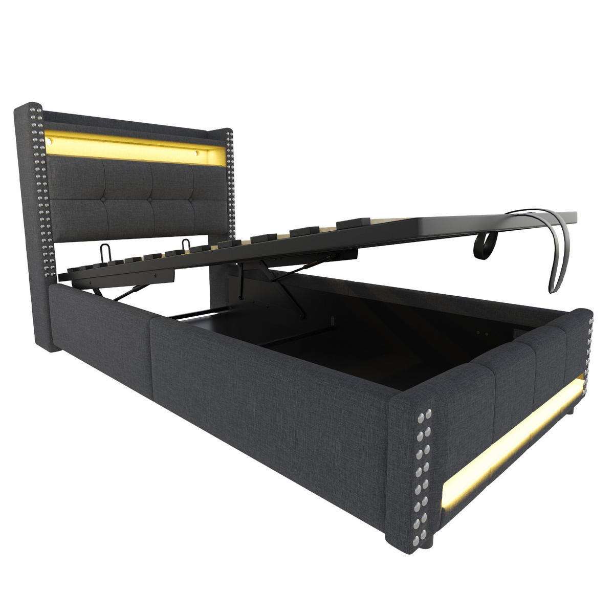 POLSTERBETT aus Leinenstoff 90x200 cm Grau mit LED-Beleuchtung, USB-Anschluss und Stauraum - Grau, Textil (90/200cm) - IVMEU