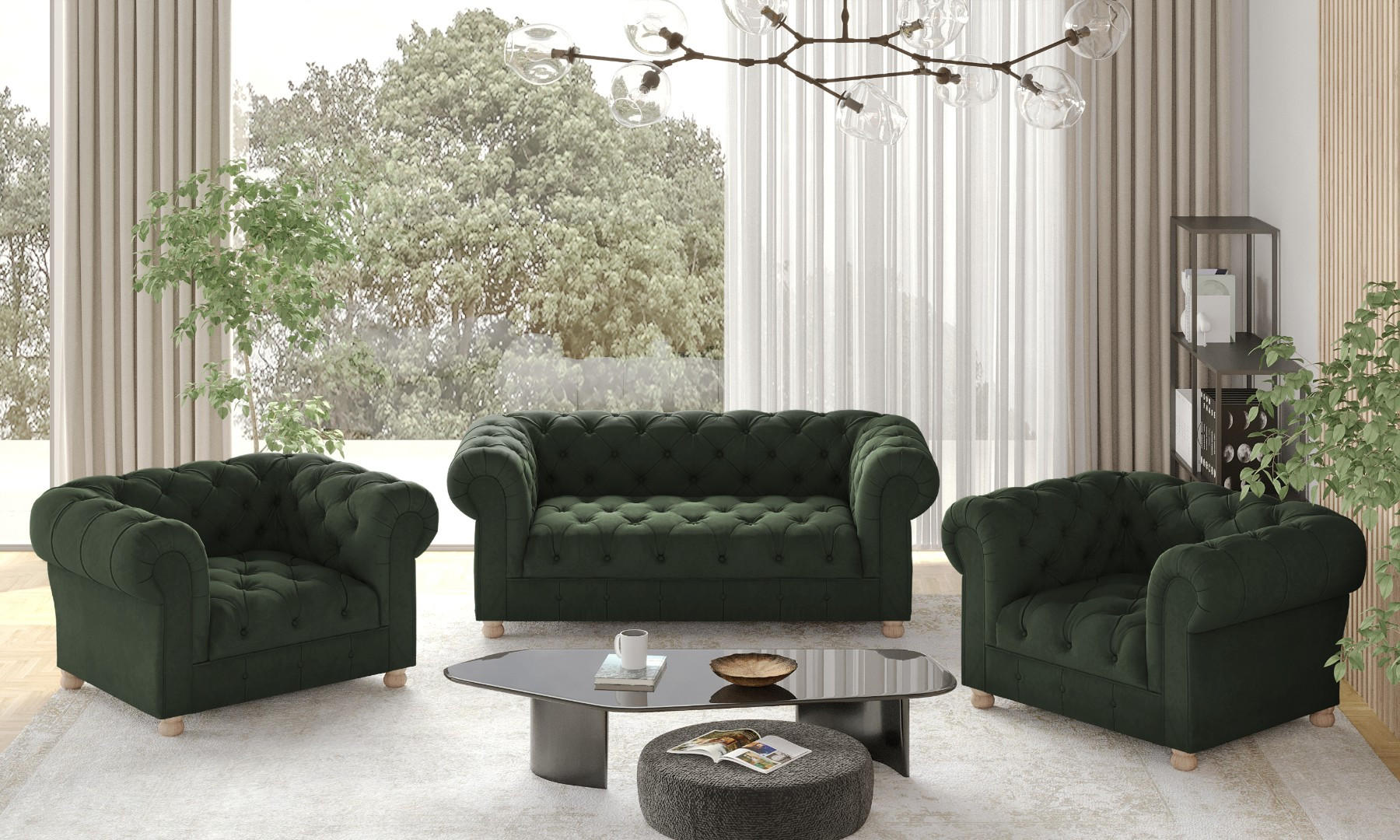 SITZGARNITUR CHESTERFIELD 2+1+1 Elegant Klassisch Schick Stoff Whisper Grün - Grün, Holz (152/77/90cm) - Kaiser Möbel