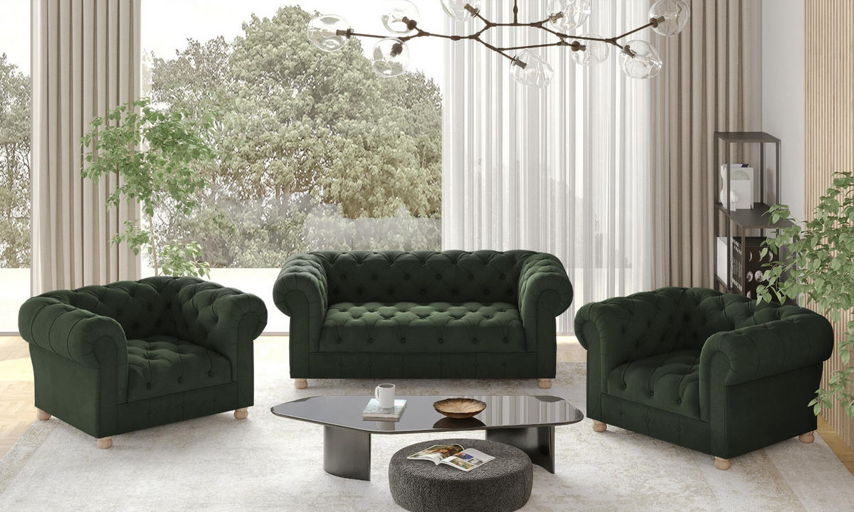 SITZGARNITUR CHESTERFIELD 2+1+1 Elegant Klassisch Schick Stoff Whisper Grün - Grün, Holz (152/77/90cm) - Kaiser Möbel