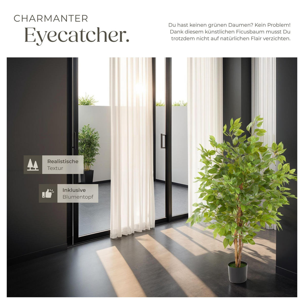 KÜNSTLICHER-FICUSBAUM Fida,stabiler Kunststoff-Blumentopf,grün - Grün, Kunststoff (120cm) - tectake