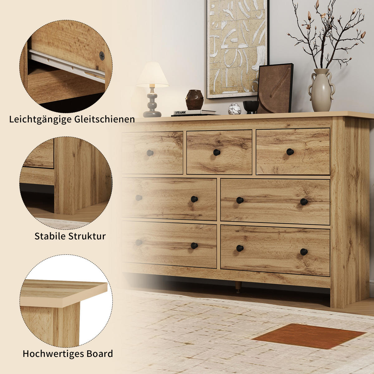 SIDEBOARD 152/40/89 cm mit 7 Schubladen in Holzfarbe im Landhausstil - Naturfarben, Holzwerkstoff (152/89/40cm) - BEAOK