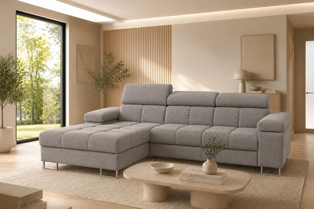 ECKSOFA COMODO Links mit Schlaffunktion & Bettkasten Warmgrau - Grau, Textil (203/271cm) - KS Home Concept